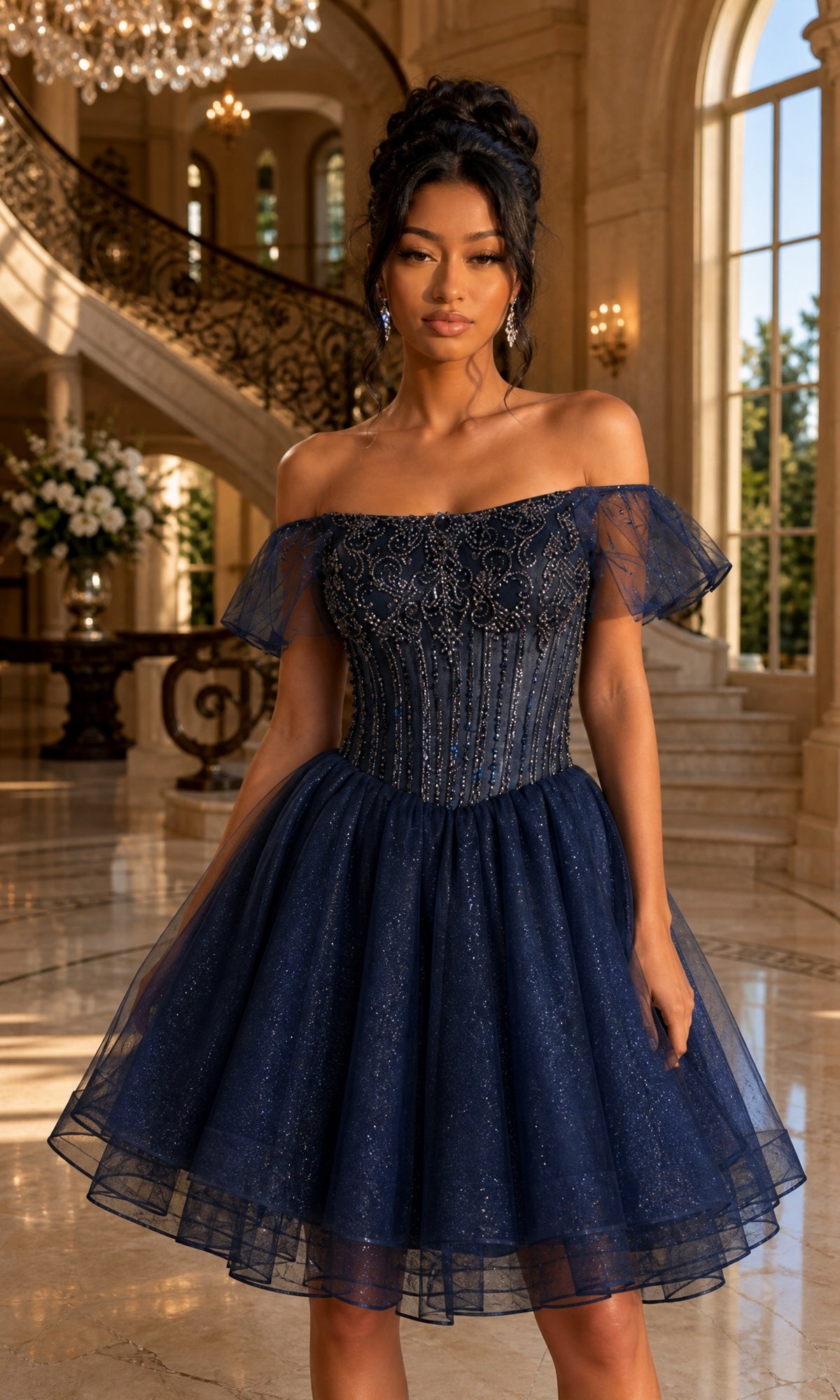 A woman wearing the Dancing Queen 3439 short homecoming dress in navy, featuring an off-shoulder beaded corset and a glitter tulle skirt, stands in an elegant grand foyer with marble floors and a curved staircase.